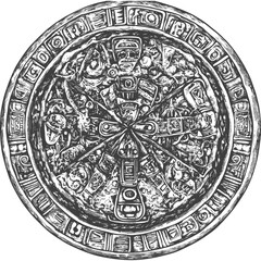Naklejka premium Circular Mayan Relief Carving With Symbolic Figures