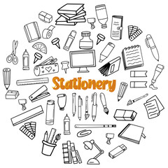 Stationary line art hand drawn doodle vector in circle template