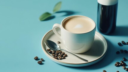A cup of coffee on a plate with coffee beans and a spoon, set against a blue background.