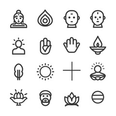 Collection Of 16 Line Icons Representing Buddhism And Meditation
