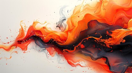 Bold and dramatic abstract artwork with orange and black flame-like swirls on a white canvas, conveying the energy and heat of a fire in modern art