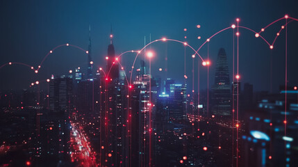 Fototapeta premium Smart digital city with connection cyber security network reciprocity over the cityscape . future smart wireless digital city and social media networking systems that connects people within the city