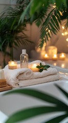 A serene spa setup featuring soft towels, candles, and greenery, creating a calming atmosphere for relaxation and self-care.