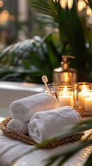 A serene spa setting featuring rolled white towels, glowing candles, and lush green plants, creating a tranquil and inviting atmosphere.