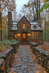 Obraz premium Victorian conservatories filled with exotic plants surround an overgrown castle under a colorful autumn sky