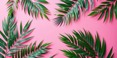 Naklejka premium Tropical Green Palm Leaves Arranged in a Frame on a Pink Background