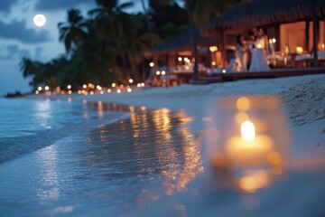 A picturesque view of a beachside dinner setting illuminated by soft candlelight and moonlight, capturing the serenity of a romantic evening by the ocean.