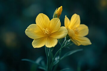 Obraz premium Oenothera biennis, Common evening primrose yellow flowers just opened in the evening garden, Generative AI