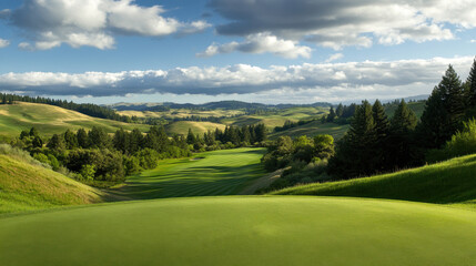 Obraz premium The beautiful golf course with morning sunshine. Ready to play in the first short. Sports that people around the world play during the holidays for health.