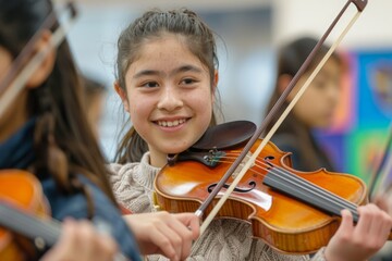 A young girl is playing the violin in front of a group of people