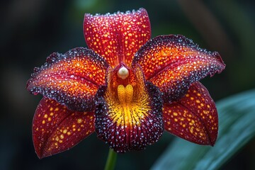A Close-Up of a Dew-Covered Red and Yellow Orchid