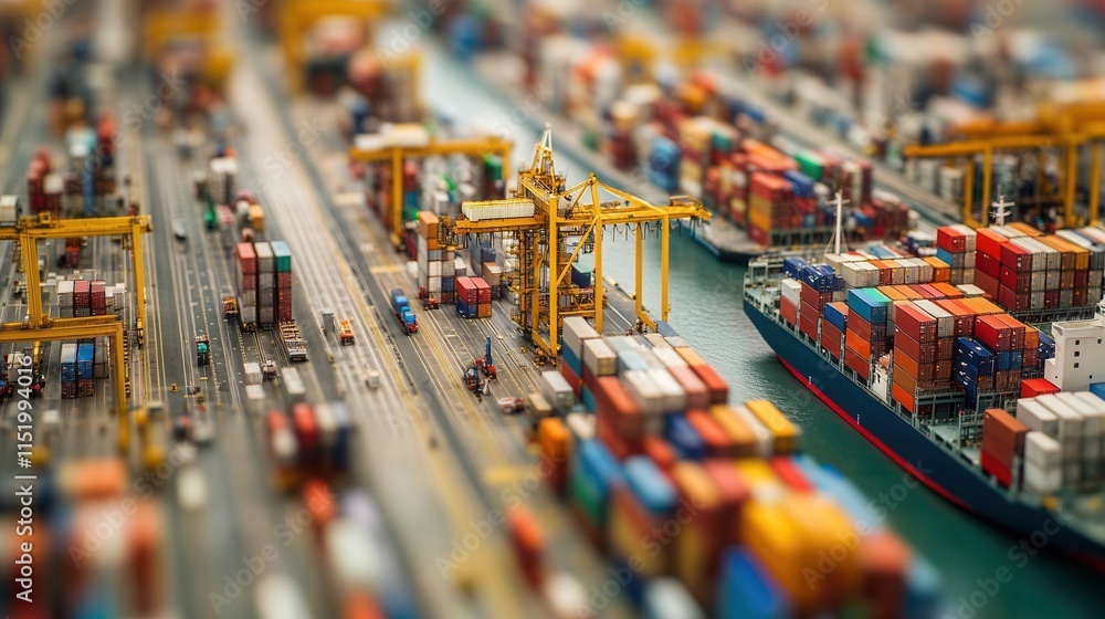 Poster dynamic seaport scene, workers efficiently unloading cargo from container ships, orchestrating a bus