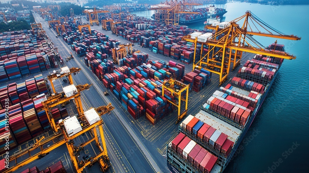 Poster busy seaport scene, workers efficiently unloading cargo from container ships, orchestrating a dynami