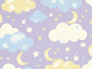 Soft clouds, crescent moons, and stars in pastel colors on purple background create whimsical and dreamy atmosphere