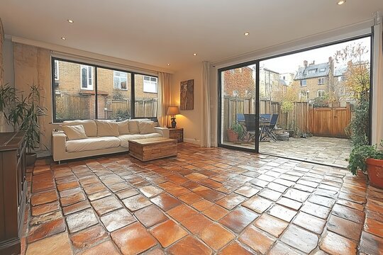 A modern living room with terracotta tile floors and patio doors opening to a backyard.