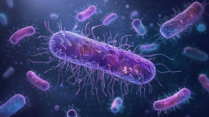 A highly detailed microscopic view of a bacterium, surrounded by floating viruses in a vibrant and scientific depiction of microbiology