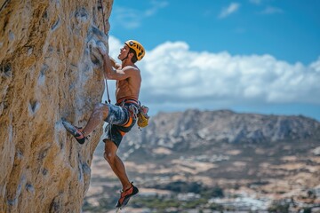A rock climber ascends a sheer cliff face against a bright blue sky.