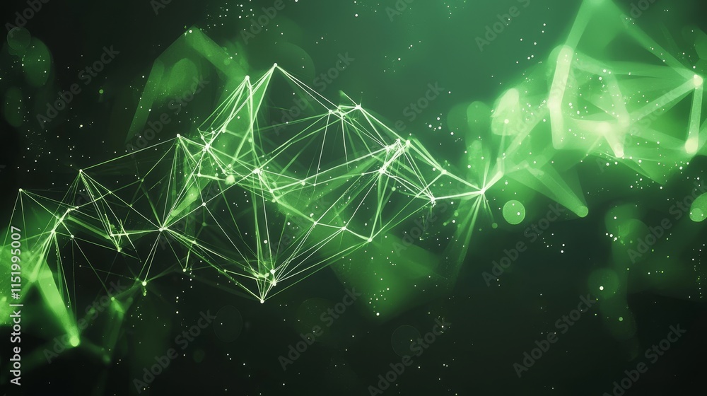 Poster a green abstract digital background with a big data visualization, illustrating a complex science th