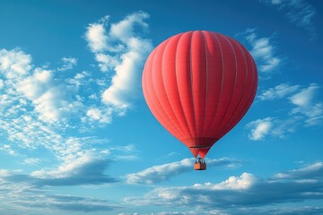 Fototapeta premium A Red Hot Air Balloon Soaring Through a Blue Sky with Fluffy White Clouds