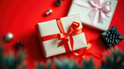 A  red background with three wrapped presents, one with a red bow, one with a pink bow, and one with a black bow.
