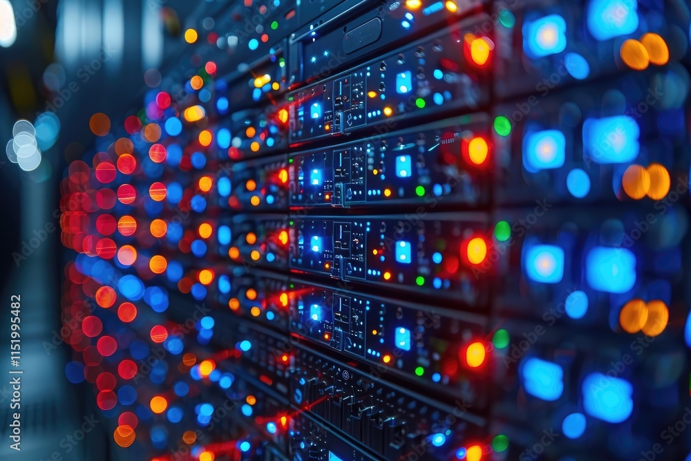 Aufkleber Closeup of a Server Rack with Colorful Indicator Lights