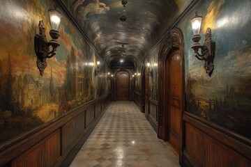 The corridor features ornate sconces, beautiful murals, and carved doors, reflecting a rich Victorian-era ambiance