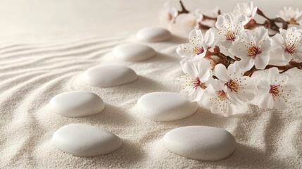 A serene arrangement of smooth stones and delicate cherry blossoms on soft sand, evoking tranquility and natural beauty.