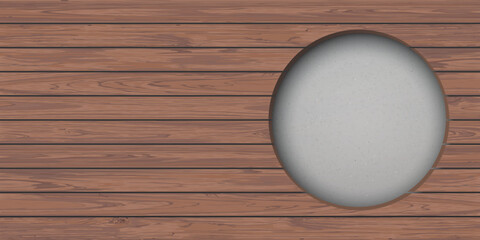Cut timber panels mocha tone with circle hole have cement texture loft style behind graphic illustration.
