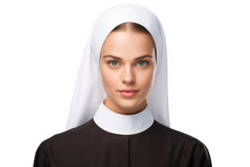 Portrait of a smiling nun wearing a costume, isolated on transparent background