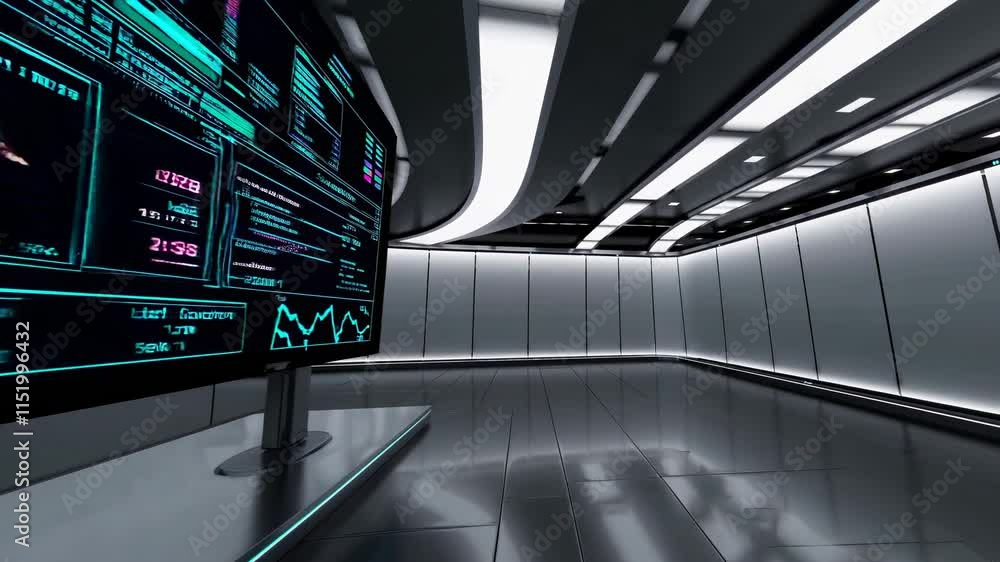 Poster exploring a futuristic technology lab featuring advanced data displays and sleek design