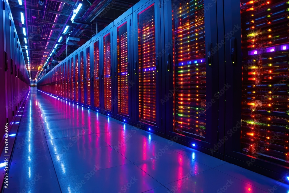 Poster illuminated server racks in a data center corridor