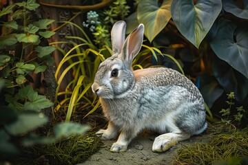 Fototapeta premium Grey rabbit sitting in a garden surrounded by plants, enjoying a peaceful moment in nature