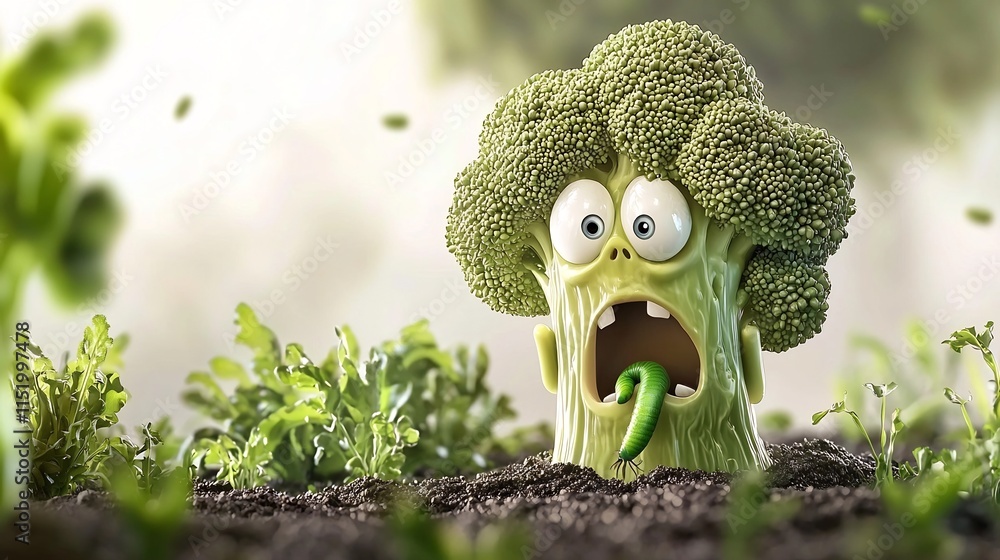 Poster a 3d cartoon animation of a broccoli character looking worried as a green worm dangles from its stal