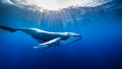Fototapeta premium blue whale underwater with light rays from above