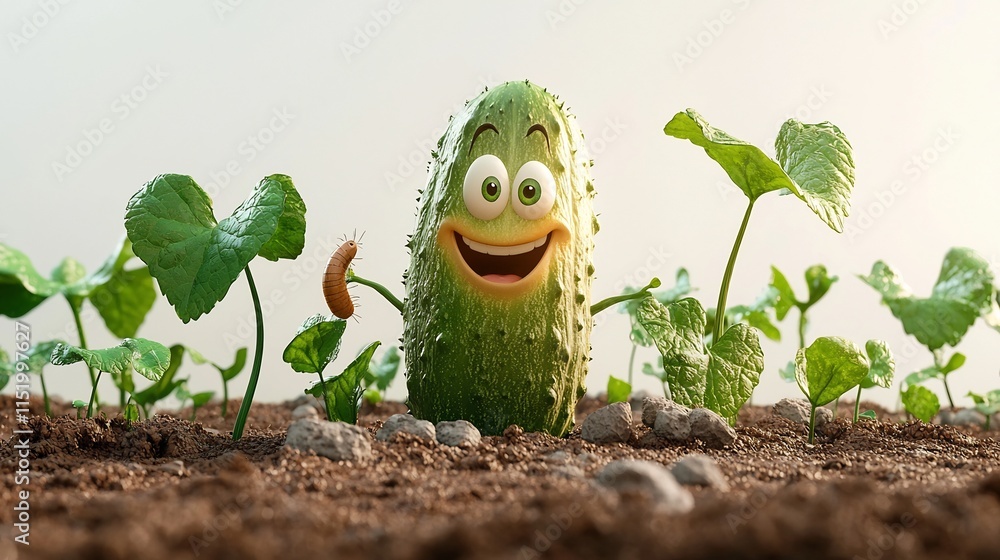 Poster a 3d cartoon animation of a cheerful smiling cucumber growing in a veggie patch watching a curious w