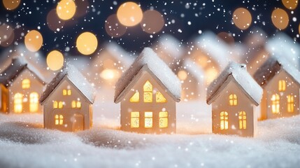 Fototapeta premium Snowy Christmas Village, charming homes aglow, gentle snowflakes drift, festive atmosphere, peaceful winter wonderland