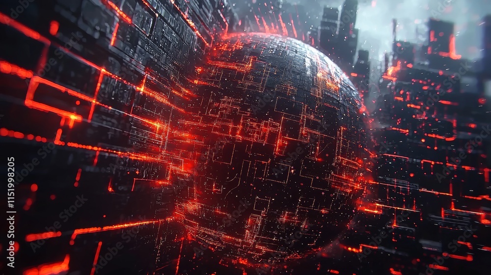 Poster a visual metaphor of a digital data globe, featuring a scientific technology network encasing the gl