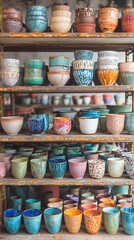 Rustic shelves displaying colorful handmade ceramic cups and bowls in a pottery studio