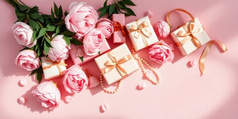 A Delicate Arrangement of Pink Roses and Elegant Gift Boxes on a Soft Pink Background