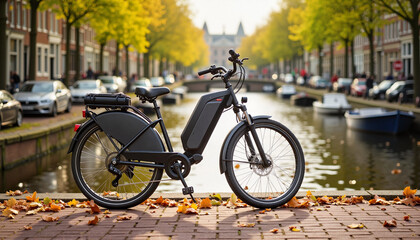 Fototapeta premium Electric bicycle parked near a scenic canal on a cobblestone street during autumn.