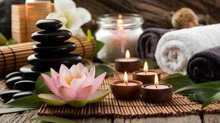Zen-Inspired Spa Setting with Lotus Flower and Lit Candles