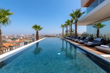 Rooftop Infinity Pool with City View and Palm Trees