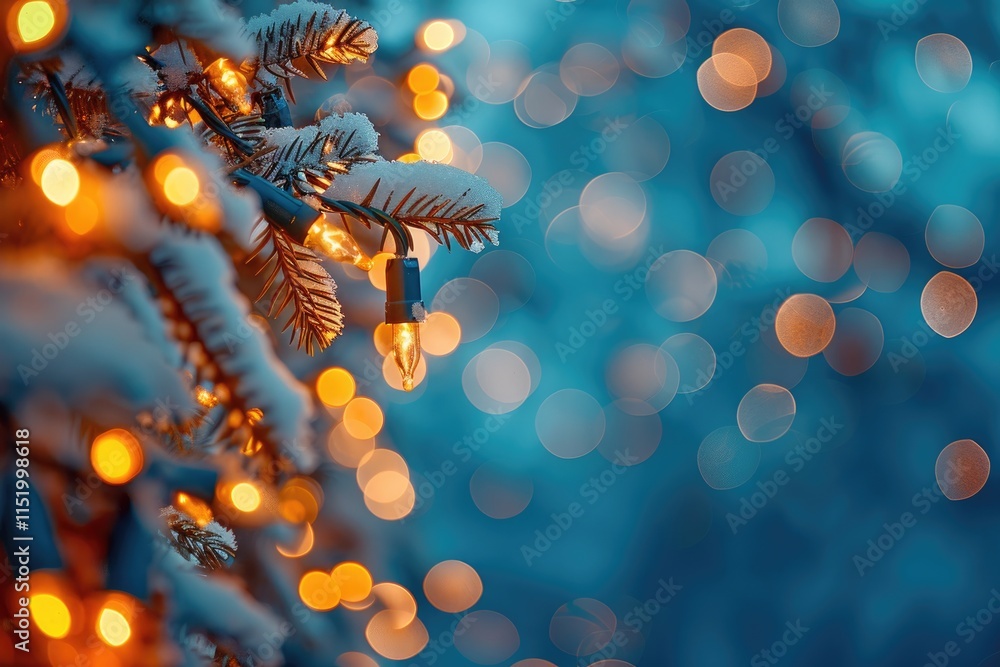 Poster snowy pine branch with string lights and bokeh