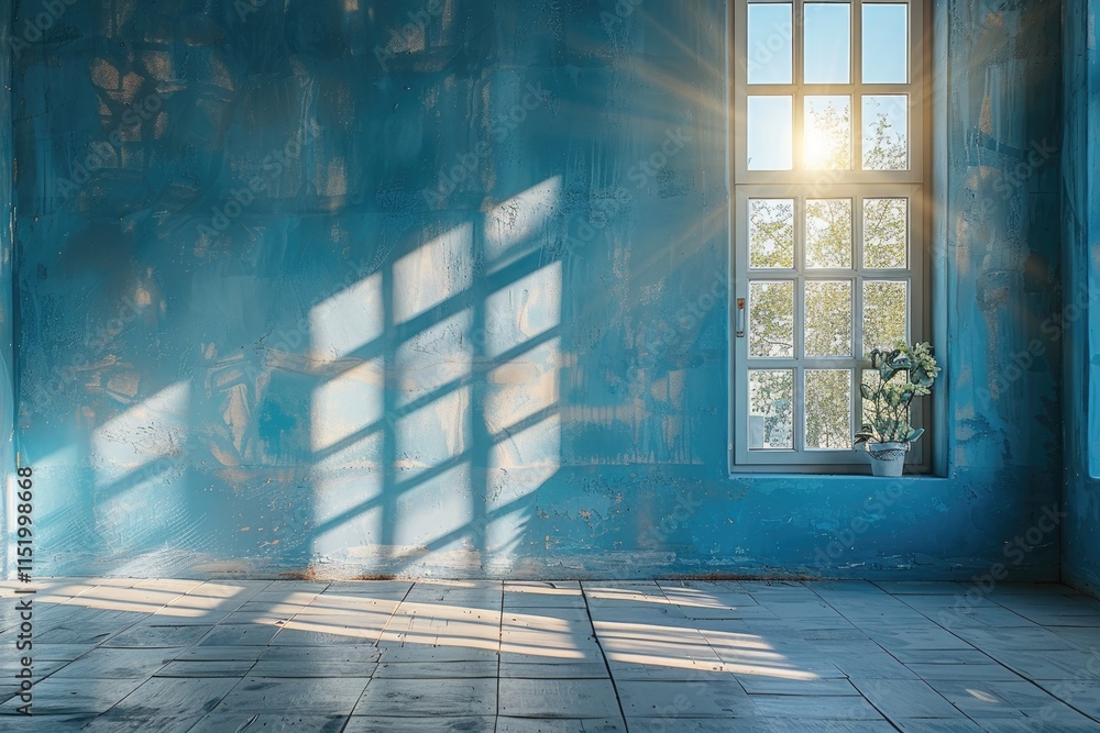 Poster sunlight streaming through window into empty room with blue walls and tiled floor