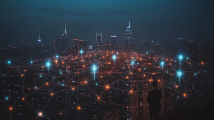 Obraz premium Smart digital city with connection cyber security network reciprocity over the cityscape . future smart wireless digital city and social media networking systems that connects people within the city