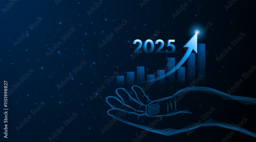 Aufkleber abstract hand holds a stock market graph with rising candles for future company growth in 2025. busi