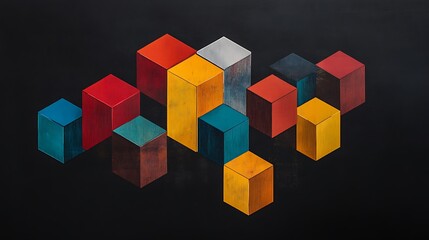Obraz premium A minimalist abstract design featuring colorful geometric blocks on a dark black canvas, creating depth and contrast