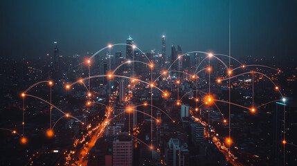 Fototapeta premium Smart digital city with connection cyber security network reciprocity over the cityscape . future smart wireless digital city and social media networking systems that connects people within the city