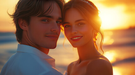Romantic moment of a just married couple walking on the beach at sunset, embracing their new life