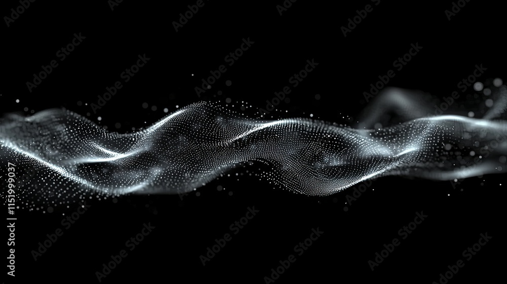 Poster an abstract cyberspace background is created by the wave-like flow of blue digital particles.